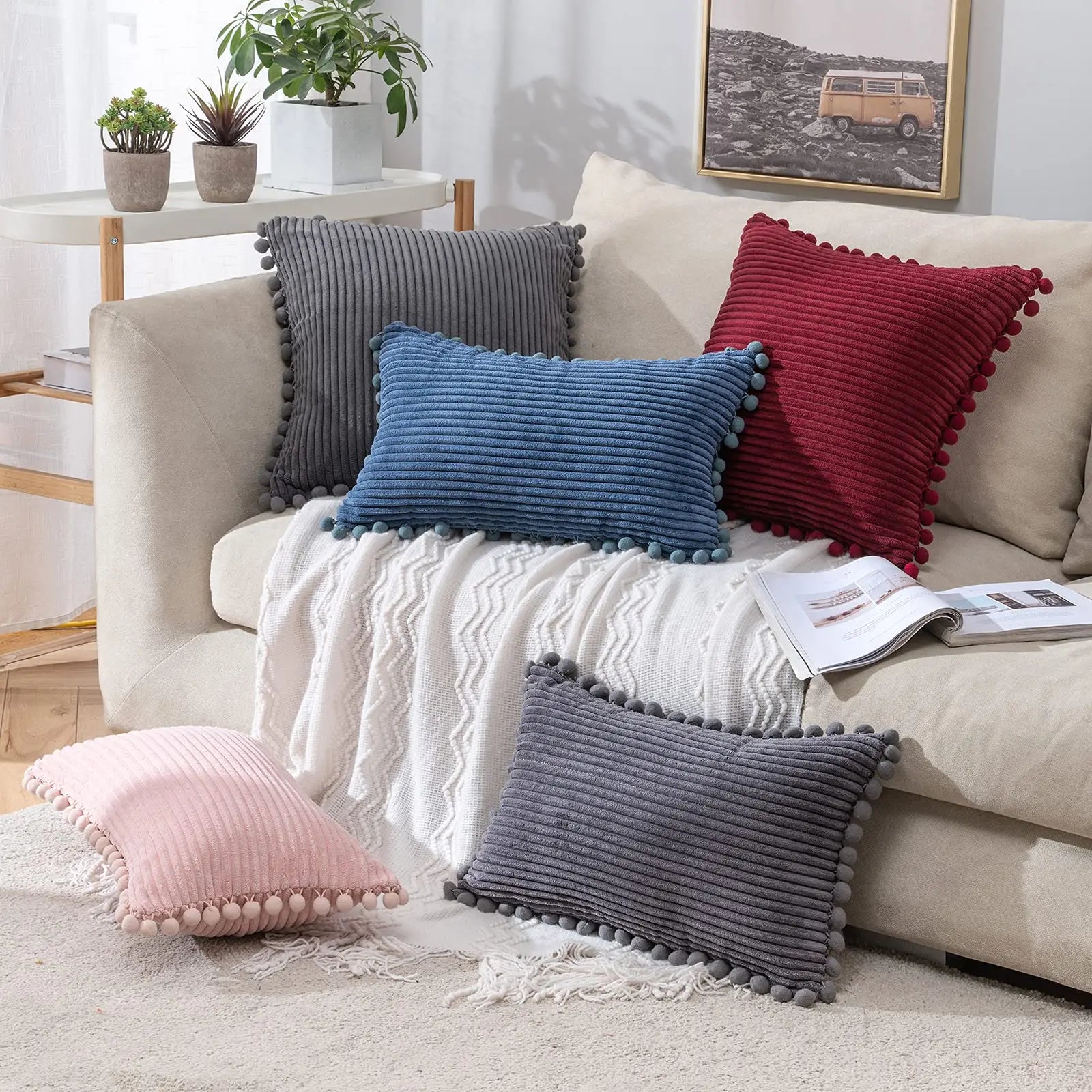 Afralia™ Striped Corduroy Pom-pom Cushion Covers - Skin Friendly Solid Color Pillow Sham