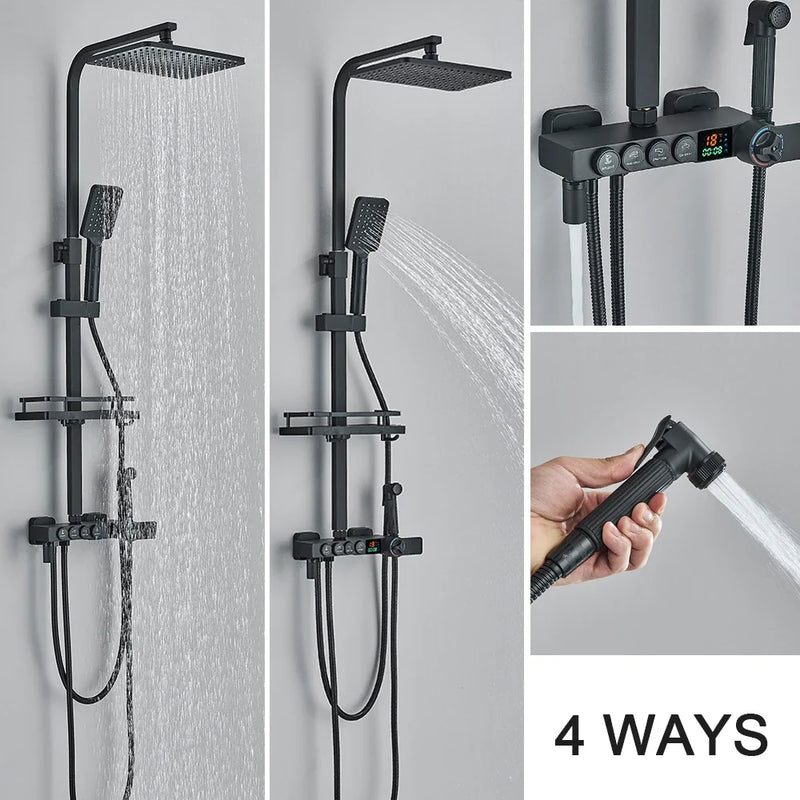 Afralia™ Black 4-Way Digital Shower System with Rainfall Head and Bidet