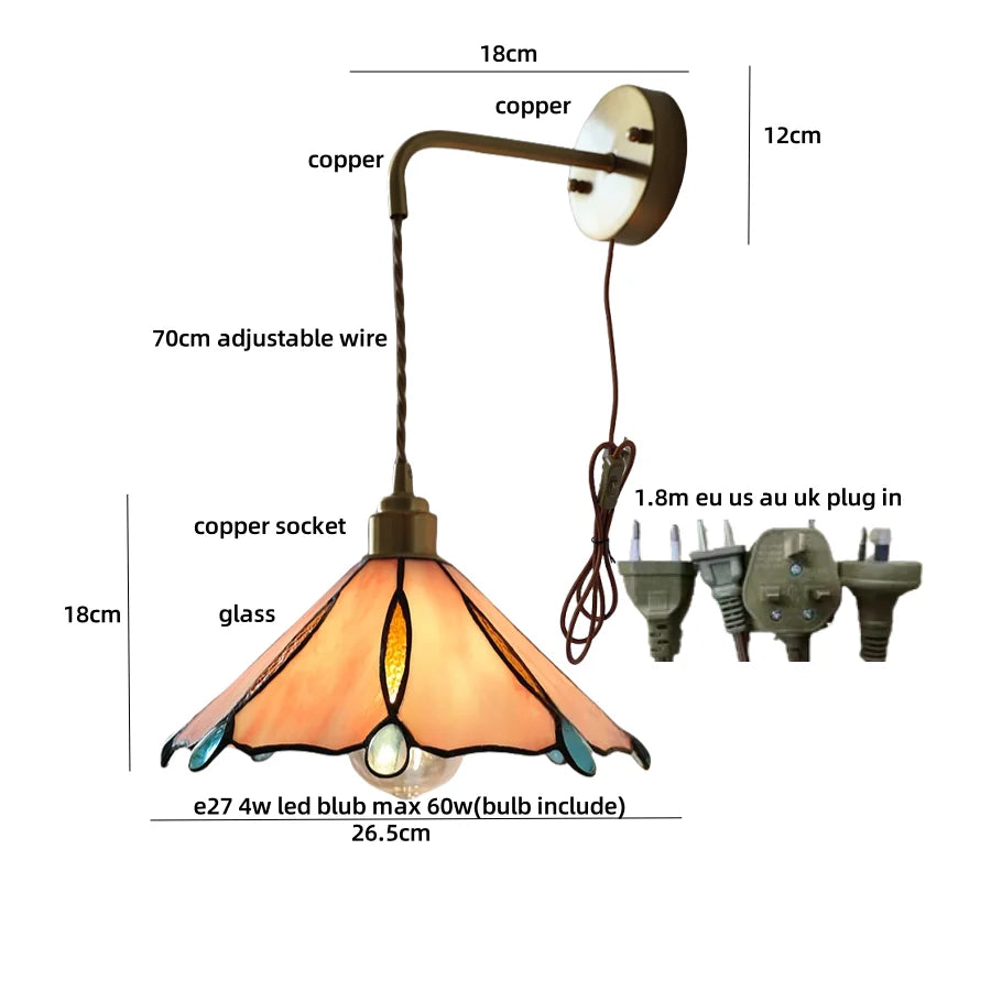 Afralia™ Tiffany Yellow Glass Wall Light Sconce with Pull Chain - Bedroom Balcony LED Fixture