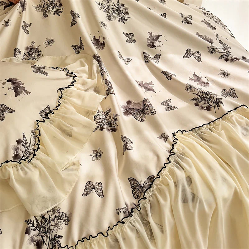 Afralia™ Beige Lace Ruffles Butterfly Flowers Print Bedding Set with Egyptian Cotton Quality