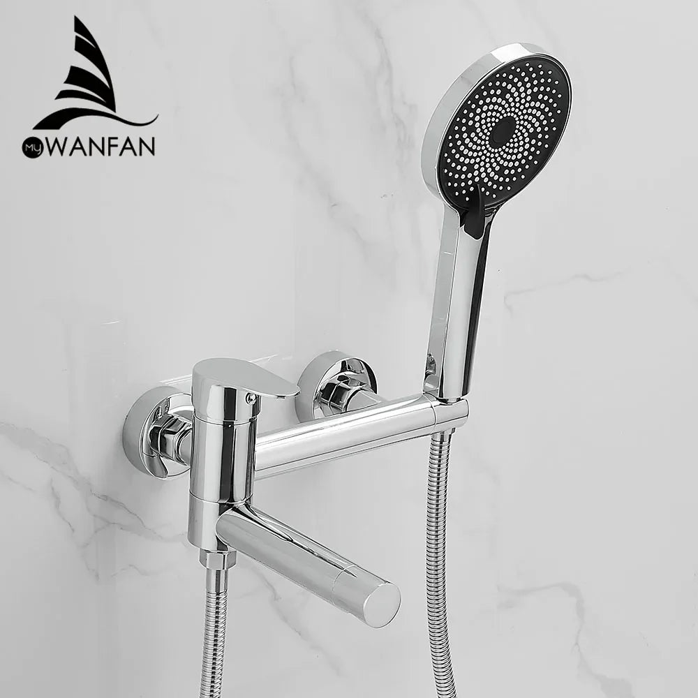 Afralia™ Silver Bath Shower Set Rotating Nozzle Wall Mounted Mixer Tap