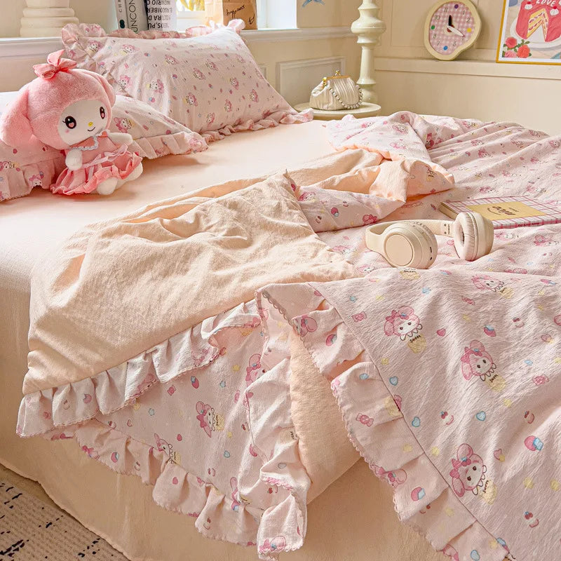 Afralia™ Korean Cotton Patchwork Quilt with Lace and Ruffle for Summer