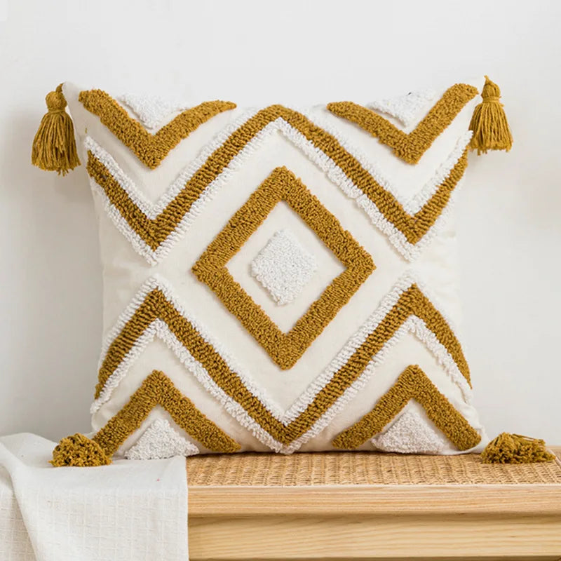 Geometric Embroidered Cotton Pillow Case with Fringed Tufting by Afralia™ for Sofa