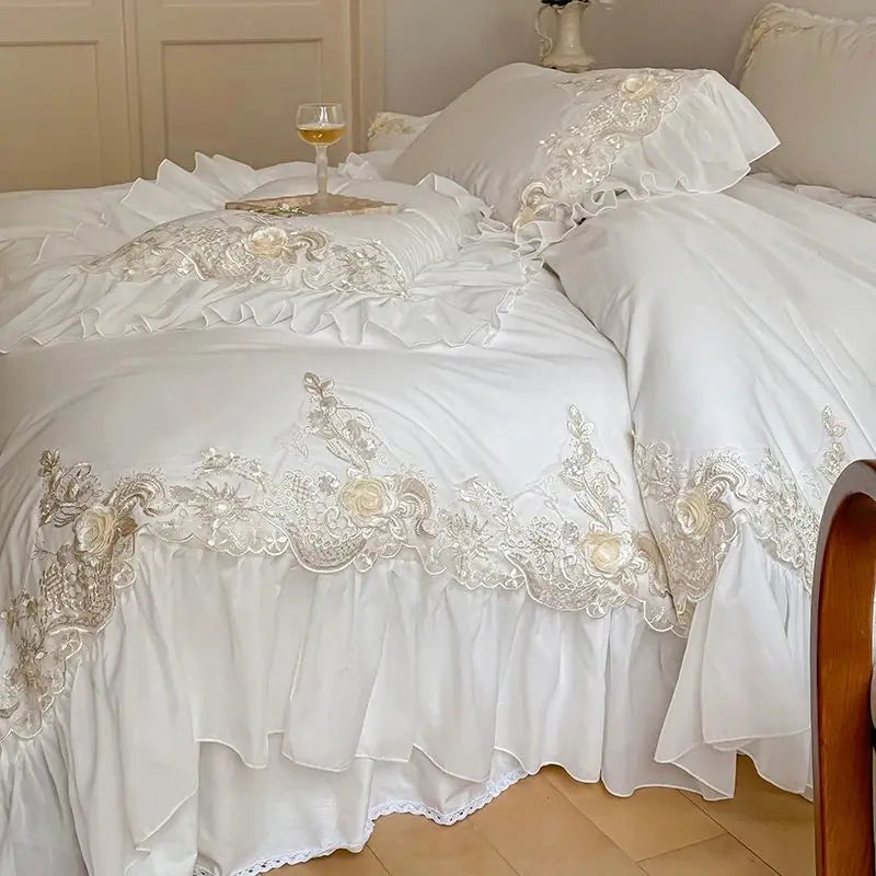 Afralia™ French Rose Flowers Lace Wedding Bedding Set with Ruffles