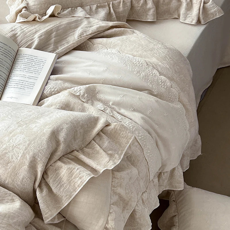 Afralia™ Linen Vintage Jacquard Lace Ruffles Bedding Set: Duvet Cover, Sheet, Pillowcases