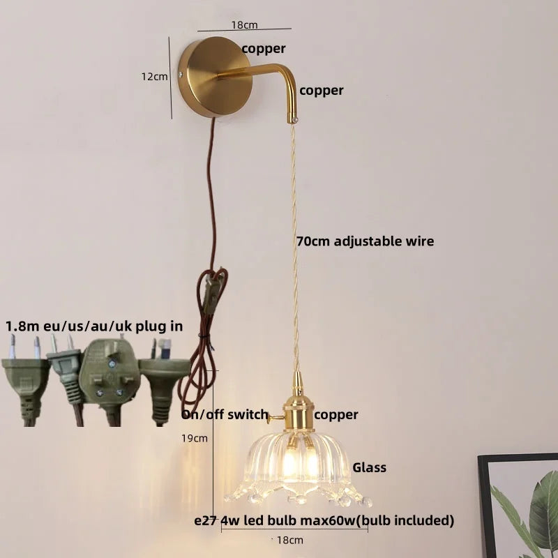 Afralia™ Copper LED Glass Wall Sconce with Pull Chain Switch for Living Dining Room