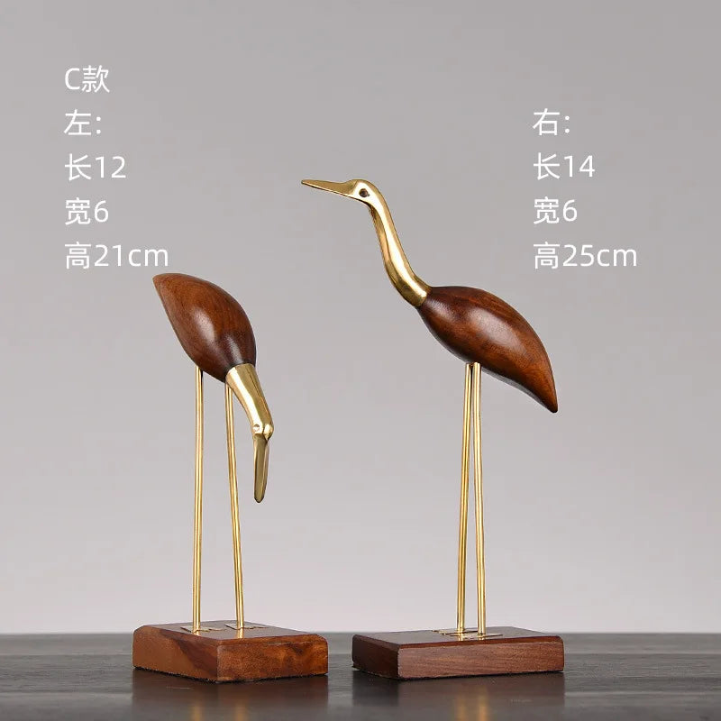 Afralia™ Wooden Crane Swan Brass Sculpture Home Decor Figurine