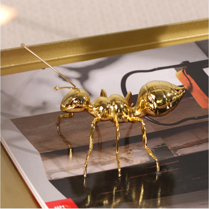 Afralia™ Golden Ant Metal Sculpture Figurine Home Decor Insect Ornament