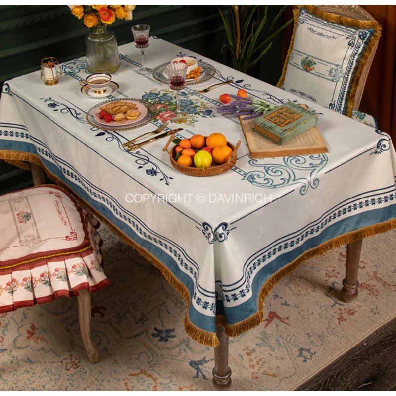 Afralia™ Mediterranean Blue & White Ceramic Print Velvet Tablecloth
