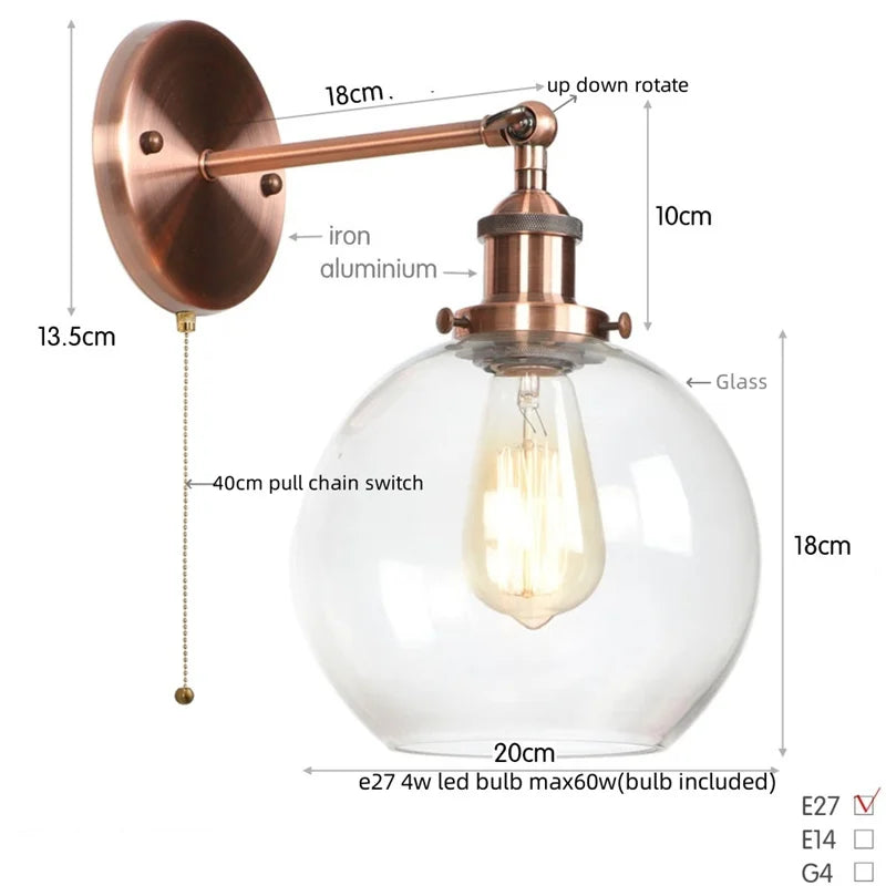 Afralia™ Vintage Globe Glass LED Wall Lamp for Living Room Porch Industrial Bedside
