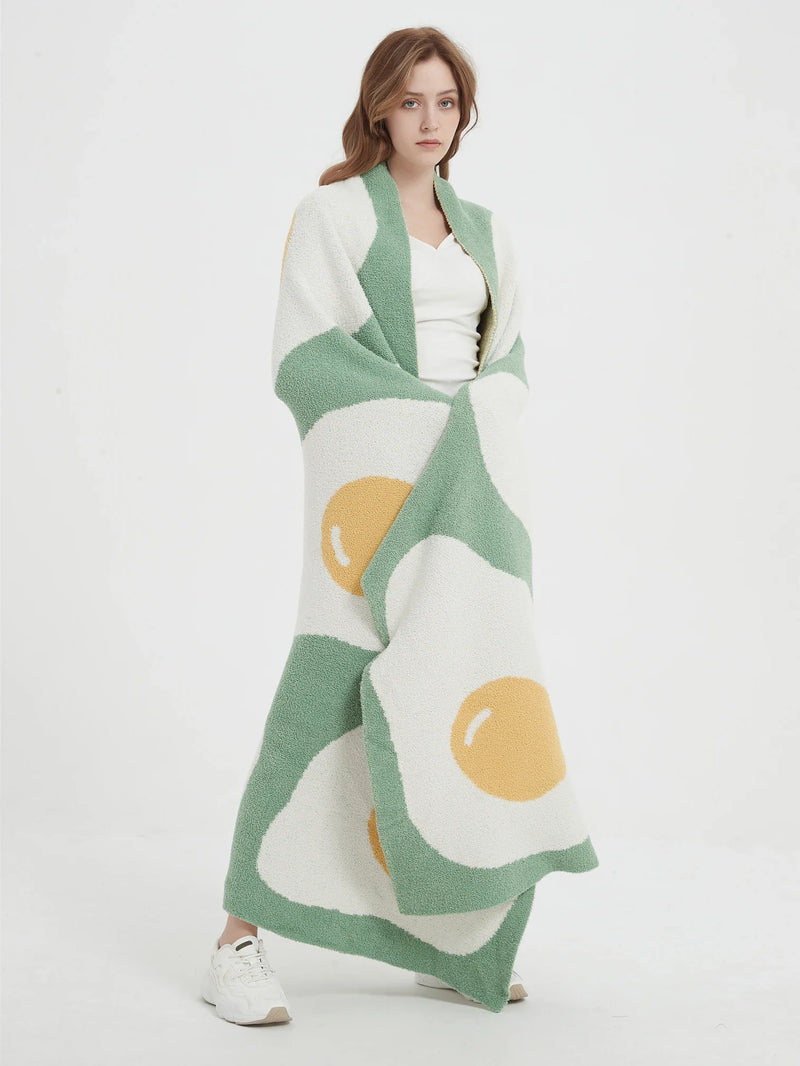 Afralia™ Cute Poached Egg Blanket Throw - Kawaii Fried Egg Pattern Cozy Knit Blanket for Living Room and Bedroom