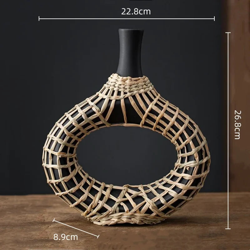 Afralia™ Rattan Vase: Geometric Ceramic & Straw Plaited Floral Arrangement Home Decor