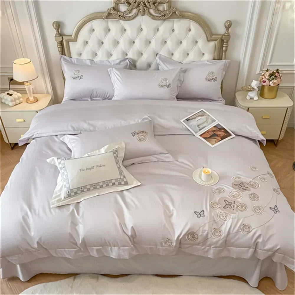 Afralia™ Blue Butterfly Flower 600TC Egyptian Cotton Duvet Cover Set