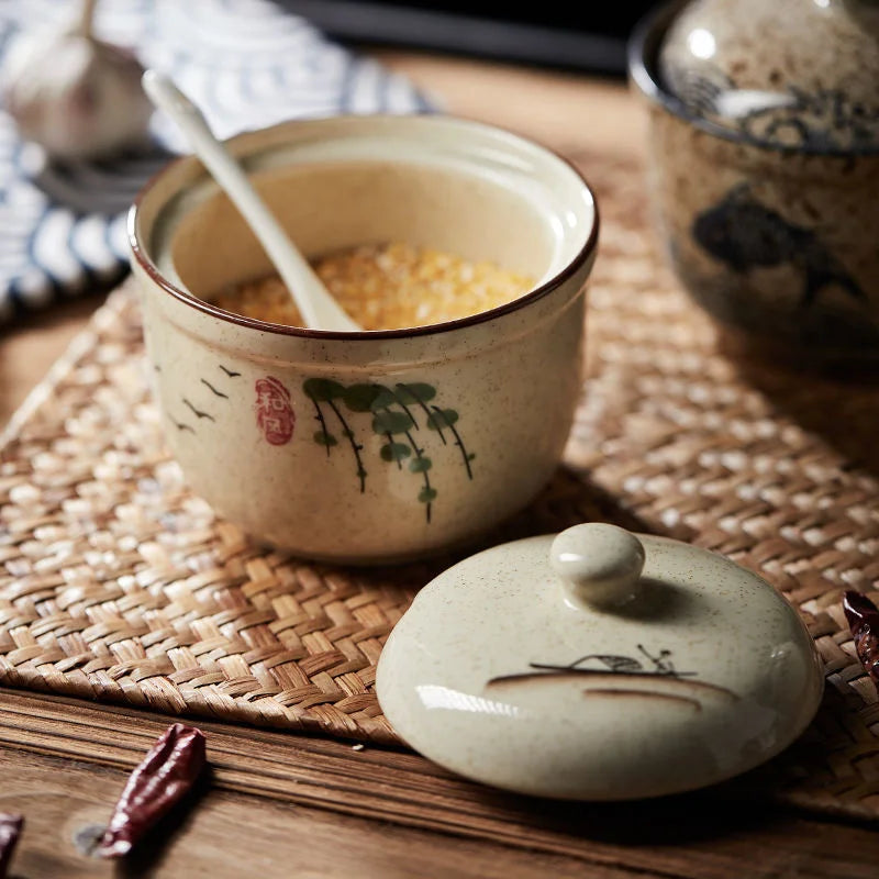 Afralia™ 6.5inch Retro Ceramic Ramen Bowl Set with Lid, Chopsticks, and Spoons