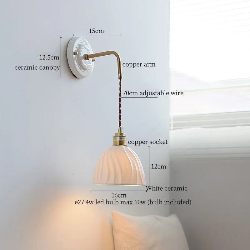 Afralia™ Ceramic Wall Sconce with Copper Arm | Pull Chain Switch LED Bedroom Lamp
