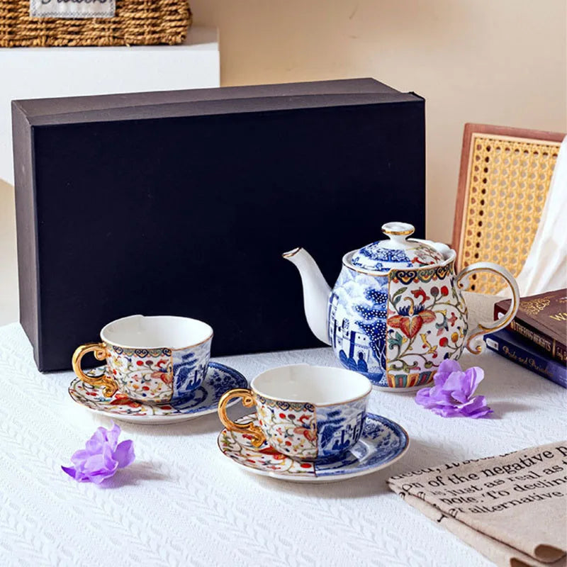 Afralia™ Blue White Porcelain Color Blocked Gilded Coffee Mug Tea Cup Afternoon Dining