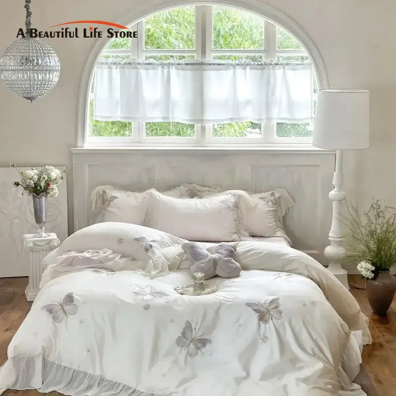 Afralia™ Butterfly Lace Ruffles Embroidery Bedding Set 4Pcs