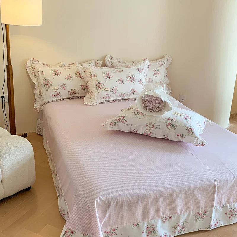 Afralia™ Princess Pastoral Cotton Bedding Set with Lace Ruffles & Floral Design