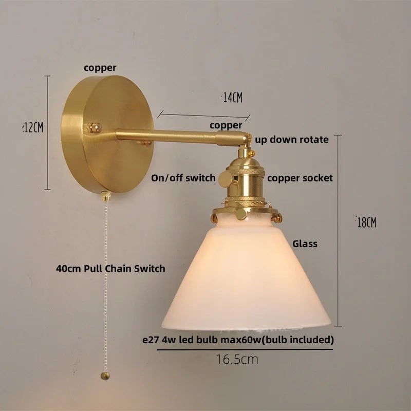Afralia™ Nordic LED Wall Light Fixture Glass Up Down Rotate Copper Bedside Lamp