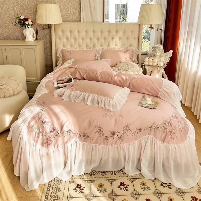 Afralia™ Beige Pink Lace Embroidery Bedding Set Egyptian Cotton Quilt Duvet Cover Sheet
