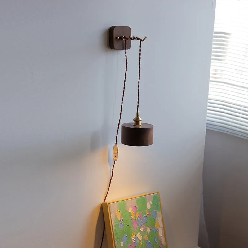 Afralia™ Walnut Wooden Copper LED Wall Light with Pull Chain for Bedroom Living Room