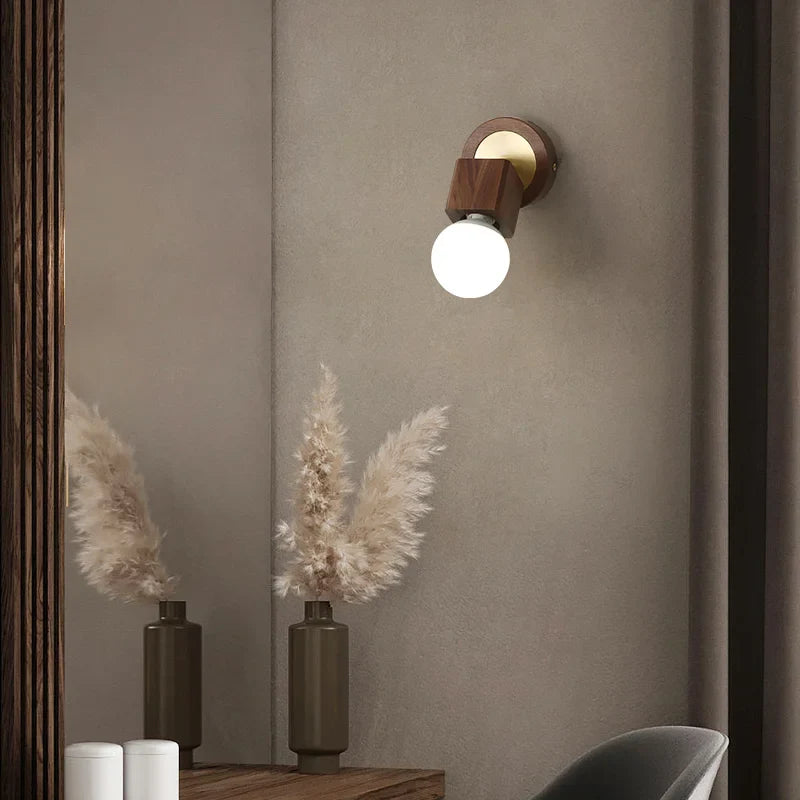 Afralia™ Modern Copper Wood LED Wall Lights with Pull Chain Switch for Bedroom Vanity.