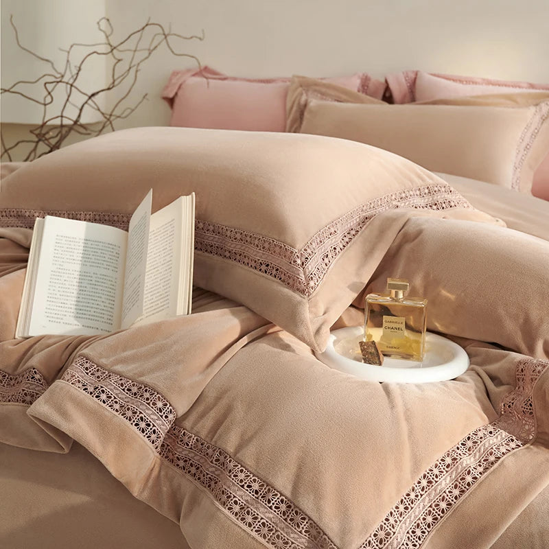 Afralia™ Cozy Velvet Lace Bedding Set: Duvet Cover, Sheet, Pillowcases - 4Pcs Warm & Stylish