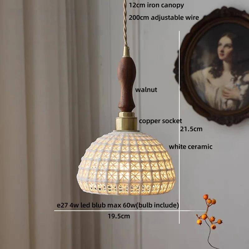 Afralia™ Brown Wood LED Pendant Light - Nordic Modern White Ceramic Hanging Lamp