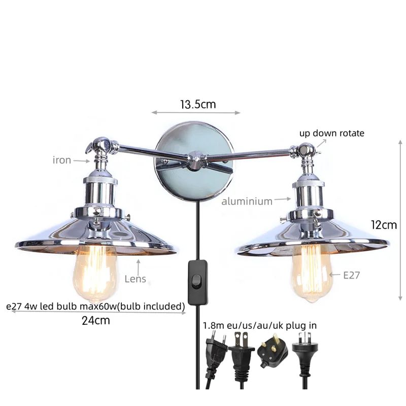 Afralia™ Industrial Vintage Double Heads LED Wall Light for Coffee Reading, Plug In Bedside Lamp