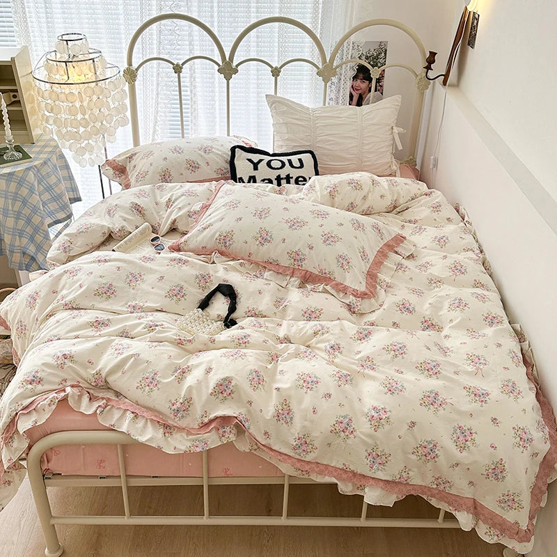 Afralia™ French Floral Print Double Layer Lace Ruffles Bedding Set