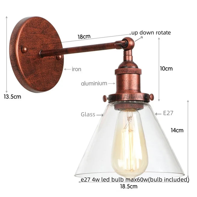Afralia™ Clear Glass Iron LED Wall Sconce Rustic Industrial Vintage Plug In Light