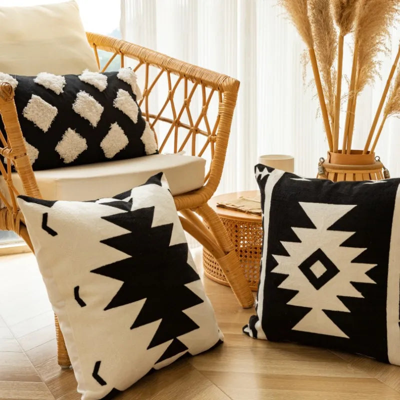 Afralia™ Geometric Embroidered Cushion Cover - Modern Black & White Pillowcase for Home Sofa