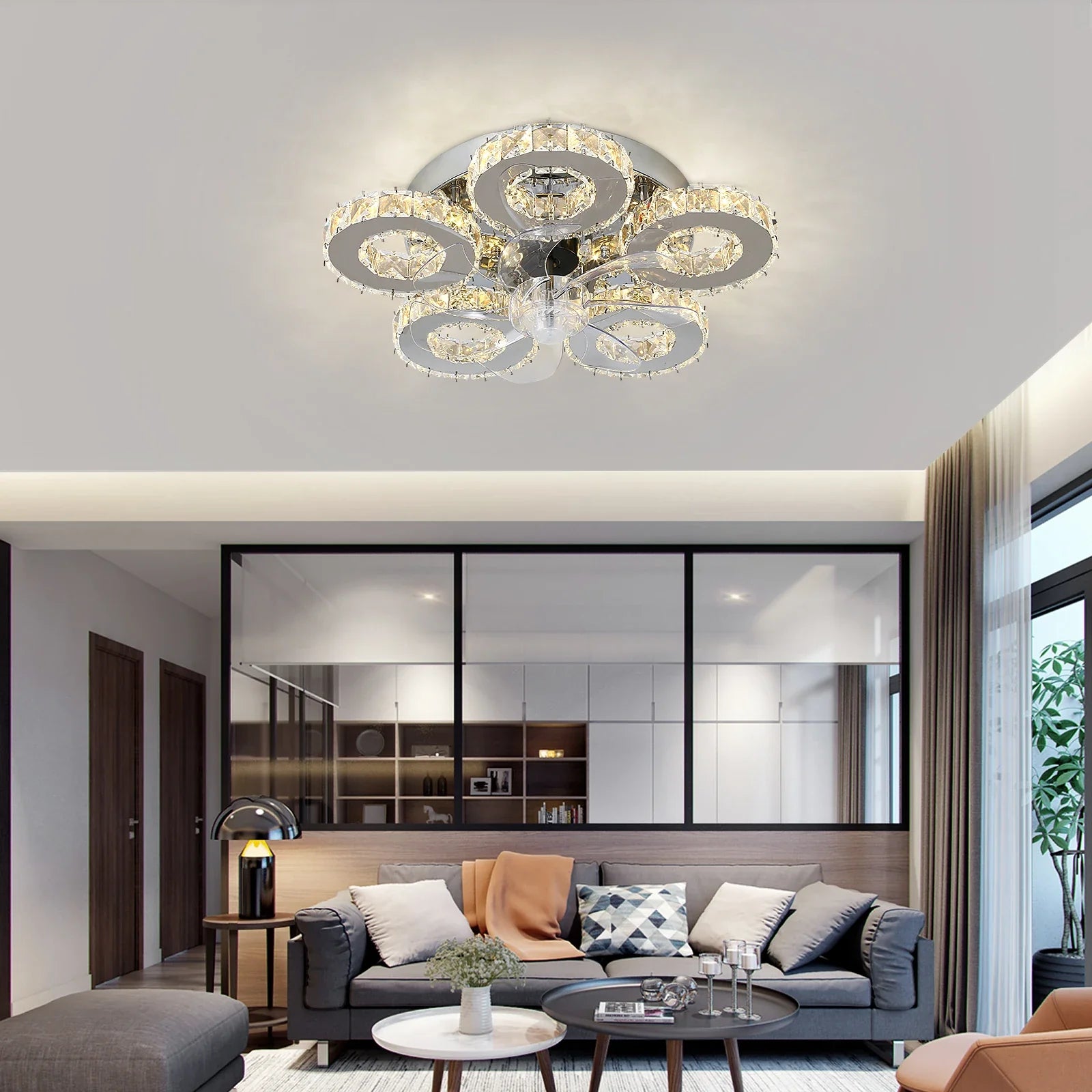 Afralia™ Smart Crystal Ceiling Fan LED Chandelier for Modern Living Dining Room