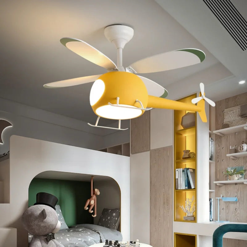 Afralia™ Aircraft LED Chandelier Ceiling Fan Light Remote Dimming Kids Room Bedroom Decor