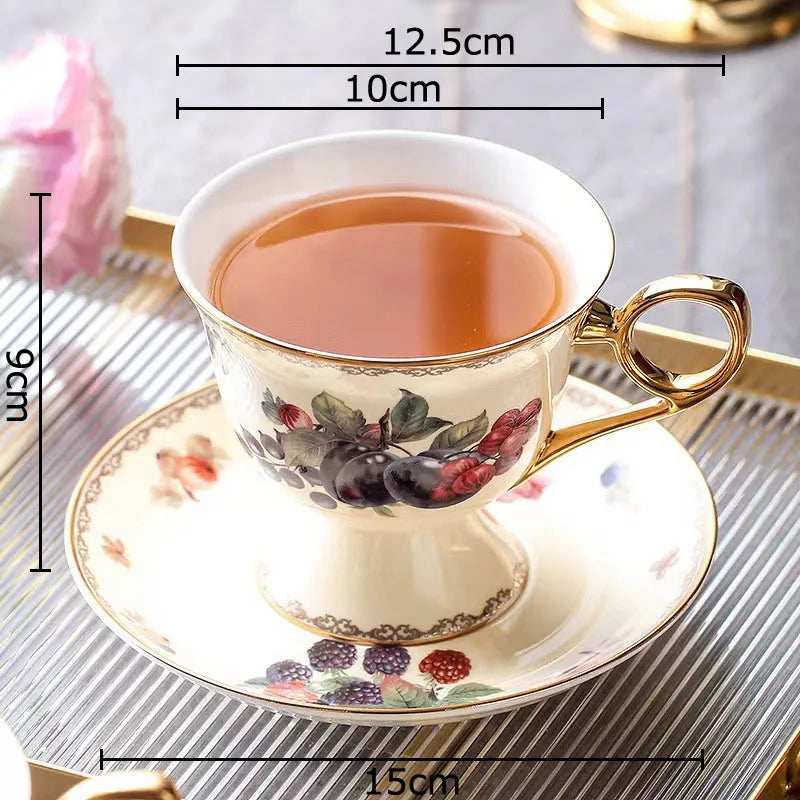 Afralia™ Fruits Pattern Ceramic Coffee Mug Set Gold-plated Tea Cup Saucer Dining Juice Container
