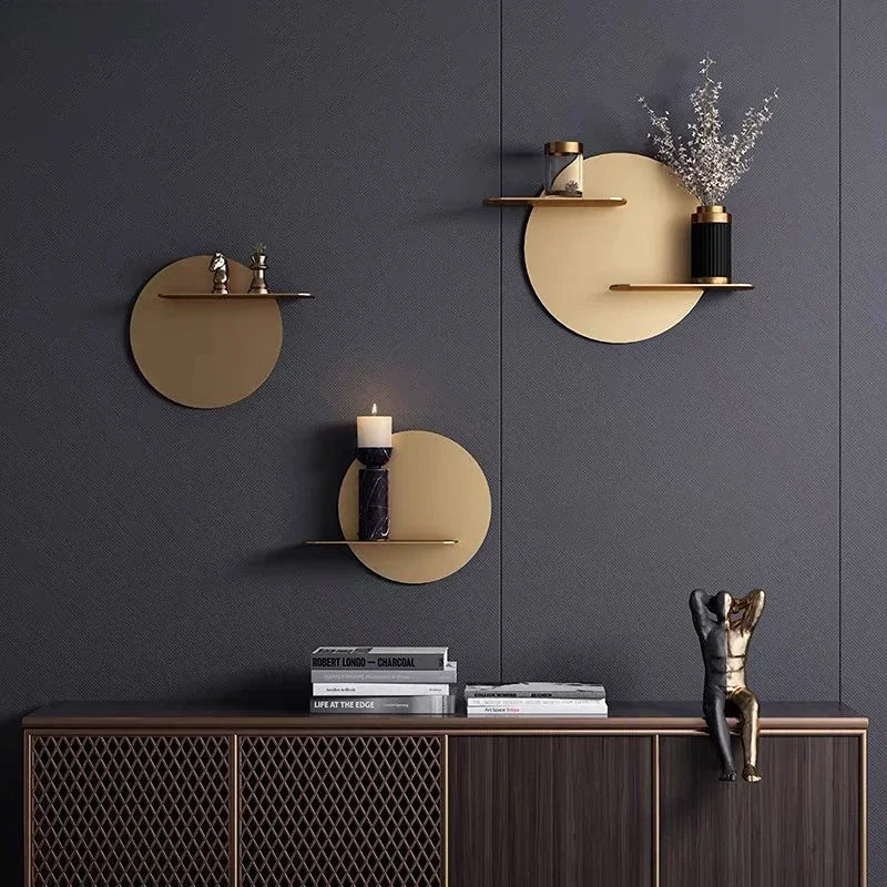 Afralia™ Gold Metal Round Wall Storage Shelf with Hooks