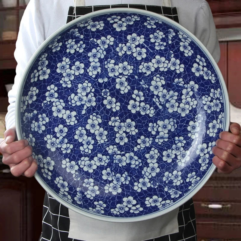 Afralia™ Blue and White Porcelain Serving Plate - Elegant Chinese Tableware for Spaghetti, Roast Turkey, and More