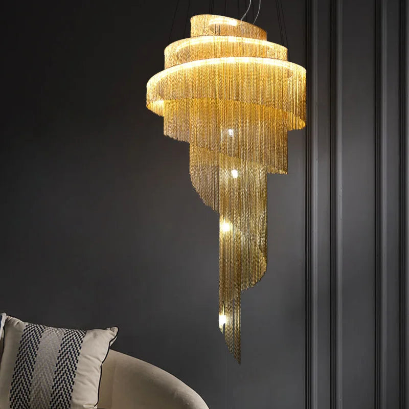 Afralia™ Gold/Silver Aluminum Chain Chandelier - Luxurious Living Room Hall Hotel Decoration