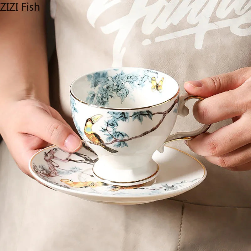 Afralia™ Flowers & Birds Pattern Ceramic Cup & Saucer Set for Dining Table - Tea & Coffee Mug
