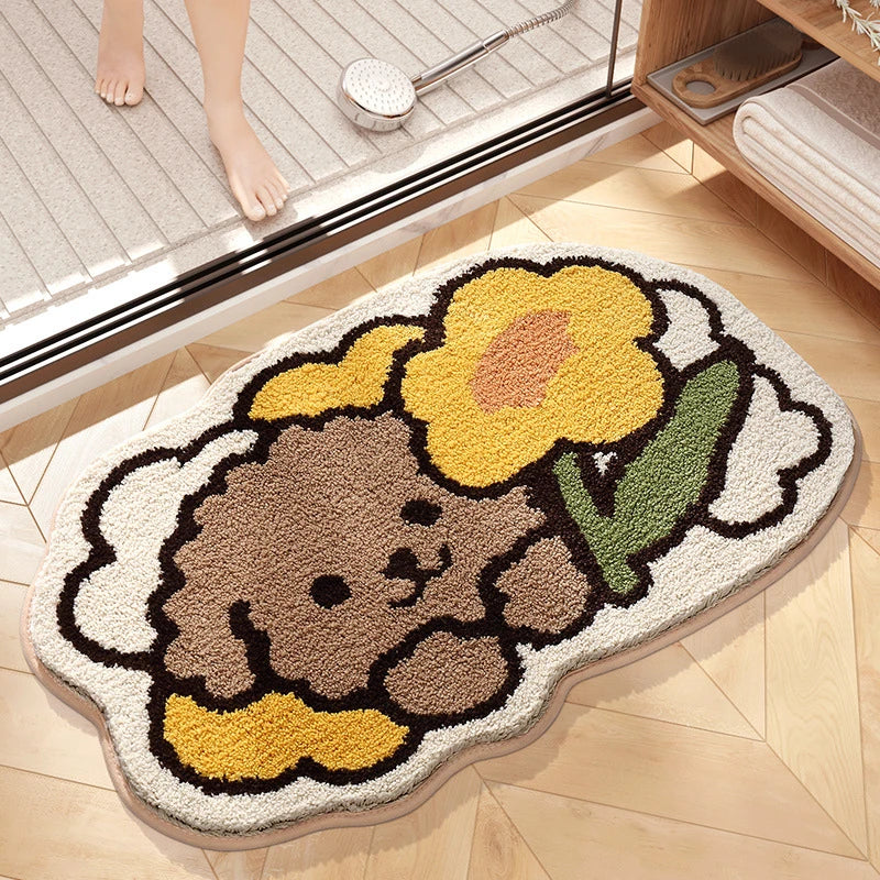 Afralia™ Cartoon Puppy Flocked Bathroom Rug Thicken Super Absorbent Water Bath Rugs