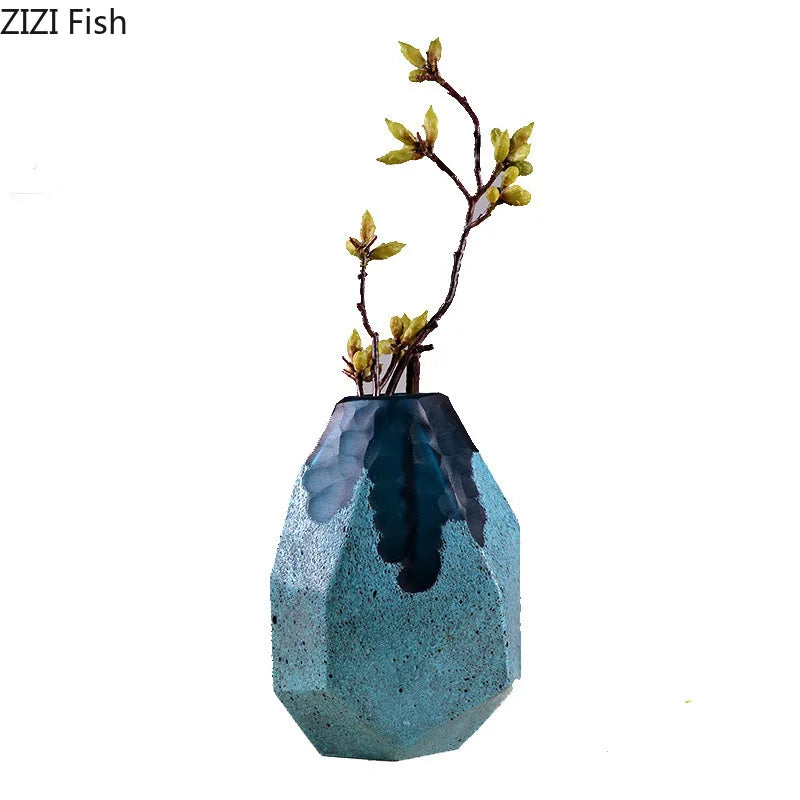 Afralia™ Modern Blue Glass Vase Geometric Texture Desk Decor Flowers Arrangement