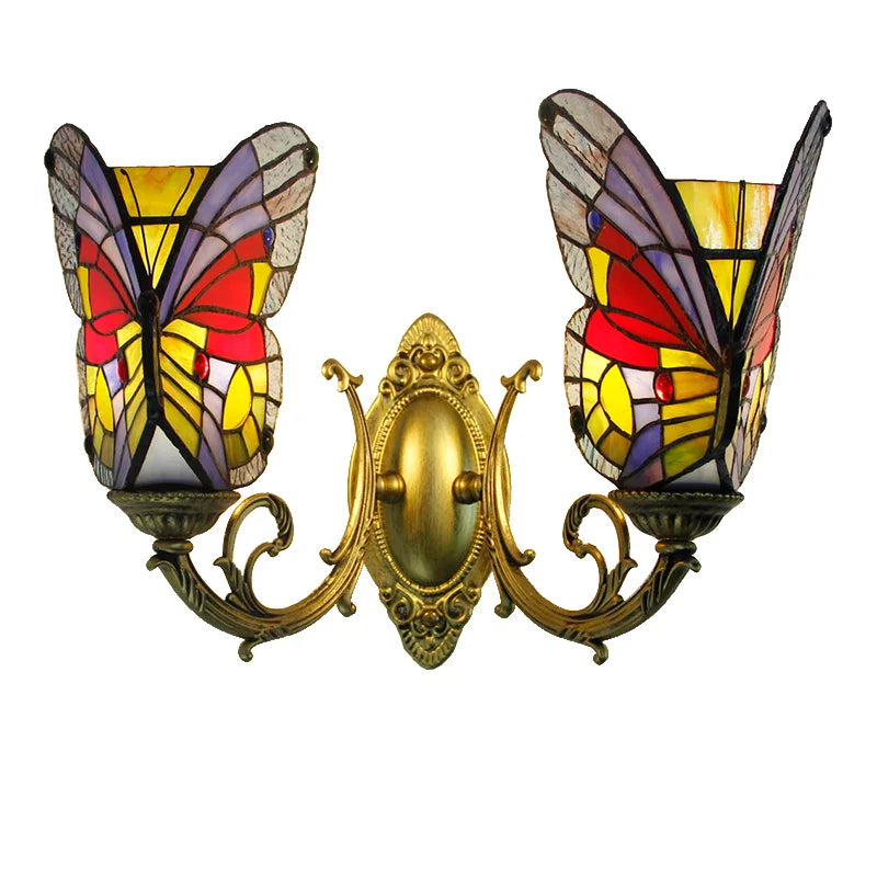 Afralia™ Butterfly Glass Sconces LED Wall Lamps Tiffany Mediterranean Bedroom Lighting