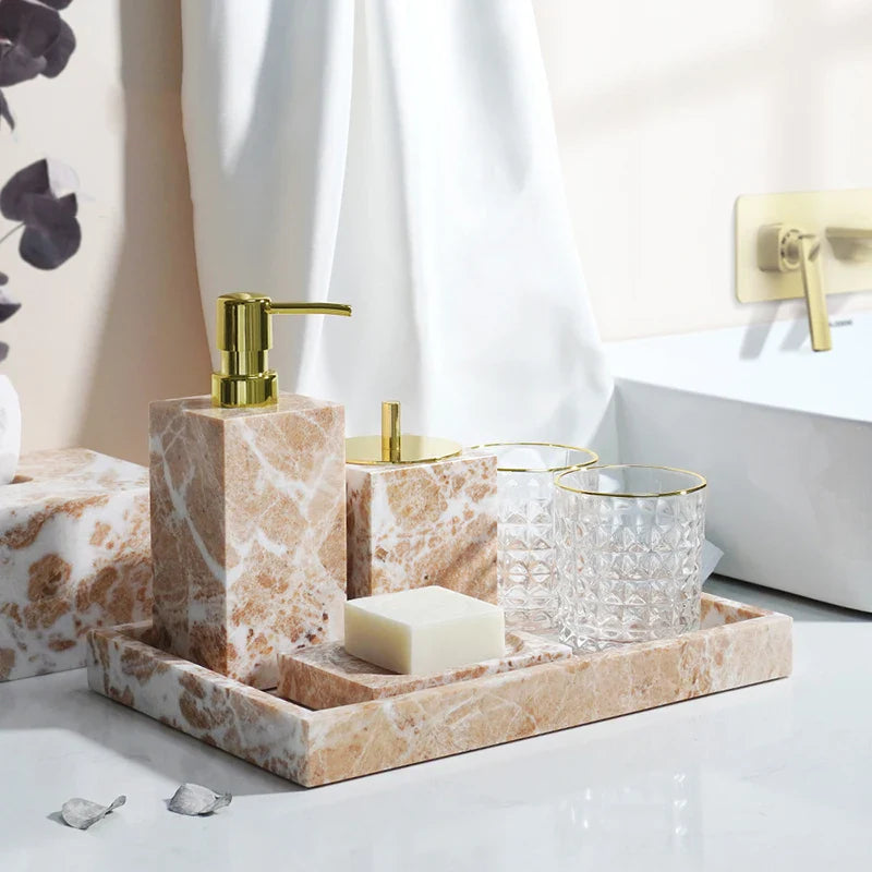 Afralia™ Coral Pink Marble Bathroom Accessories Set: Dispenser, Dish, Holder, Tissue Box, Tray