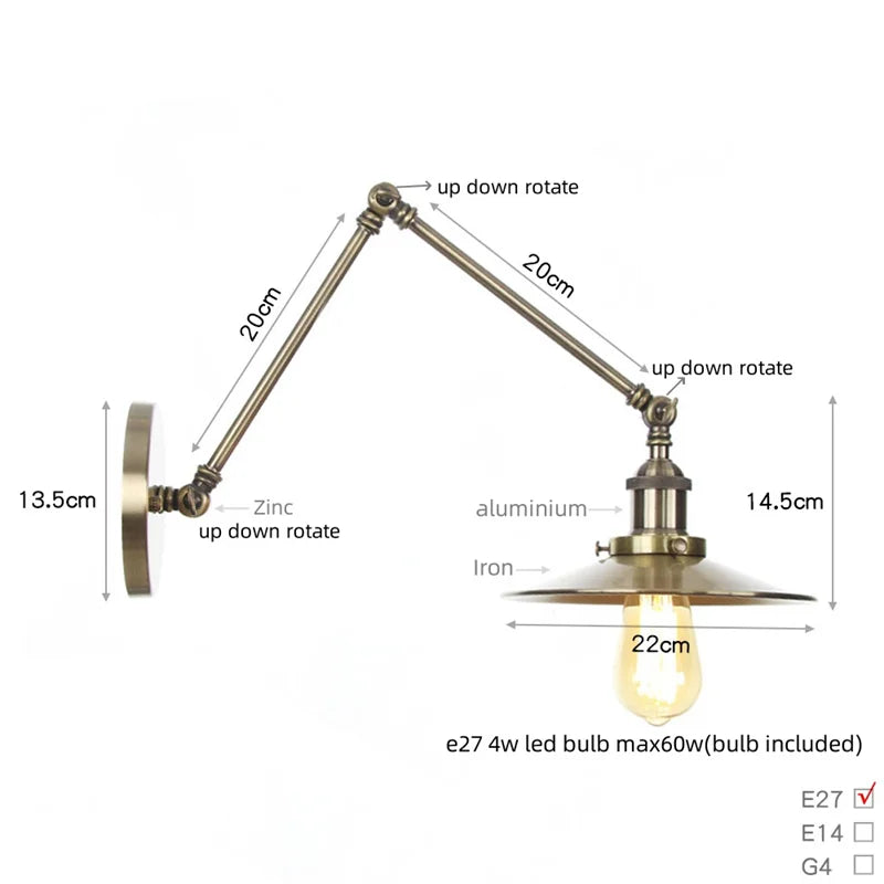 Afralia™ Vintage Industrial Long Arm Adjustable LED Wall Sconce Pull Chain Switch Bedside Lamp