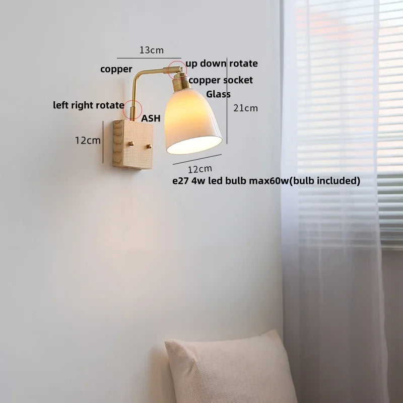 Afralia™ Nordic LED Wall Lights Pull Chain Switch Bedside Lamp Walnut Ash Glass Copper