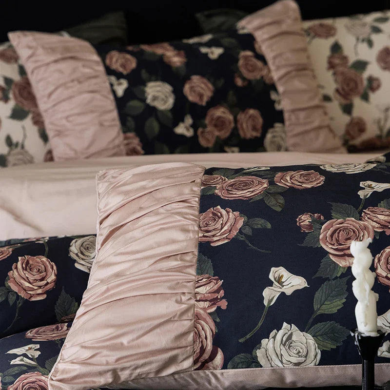 Afralia™ Vintage Rose Print Ruffles Bedding Set: 800TC Egyptian Cotton, Duvet Cover, Sheet, Pillowcases