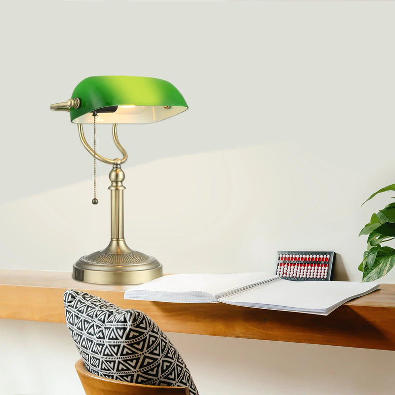 Afralia™ Green Glass Bankers Desk Lamp with USB Charging Port and Pull Chain Switch