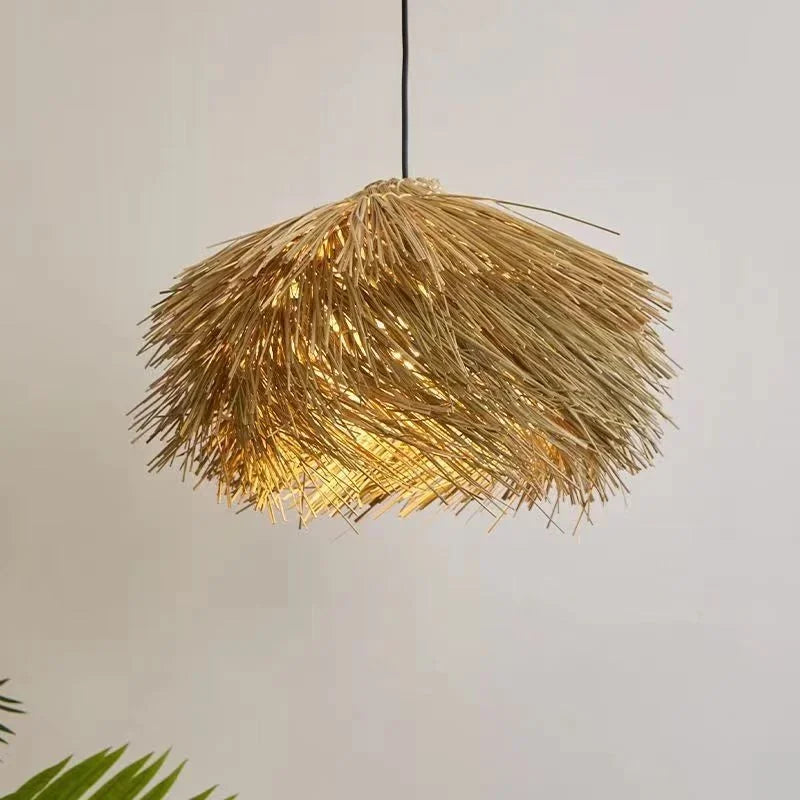 Afralia™ Wabi Sabi Rattan Straw Hat Pendant Chandelier - Nordic Retro B&B Suspended Lamp