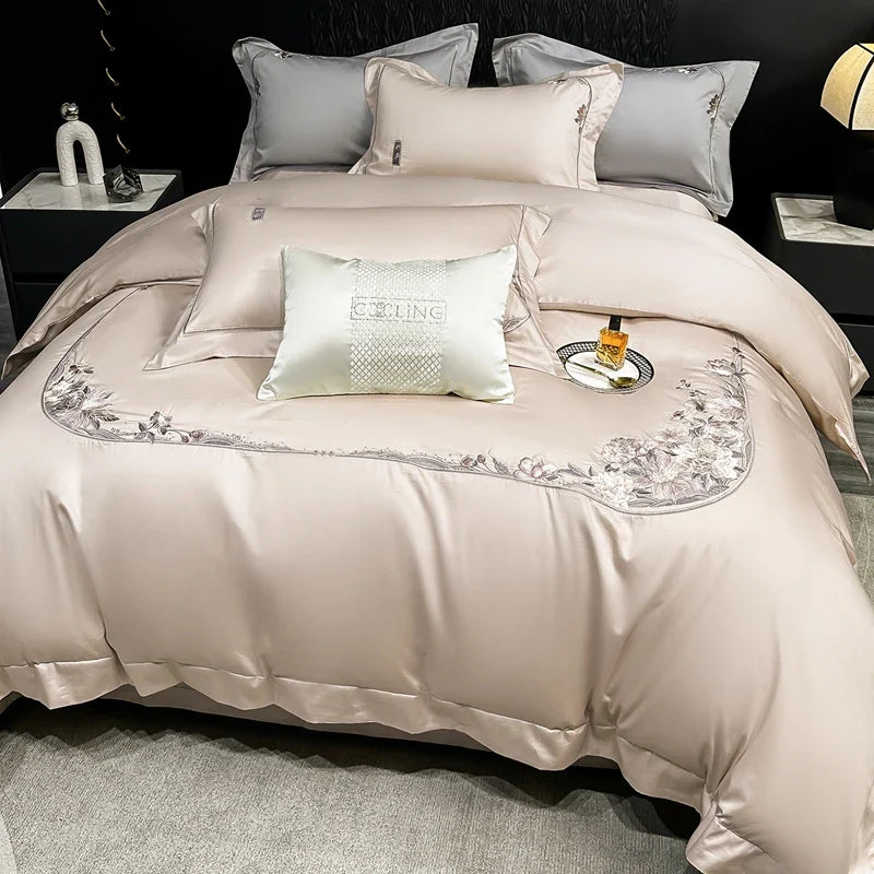 Afralia™ Chic Flowers Embroidery Luxury Bedding Set - 1000TC Egyptian Cotton 4Pcs