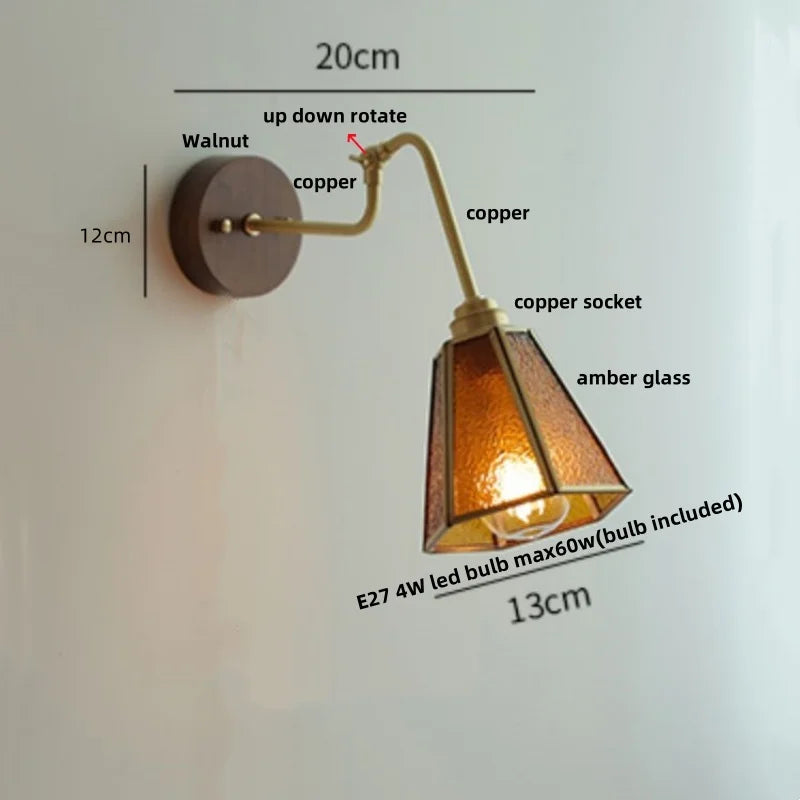 Afralia™ Copper Rotate Arm LED Wall Light: Clear Glass Walnut Bedside Lamp